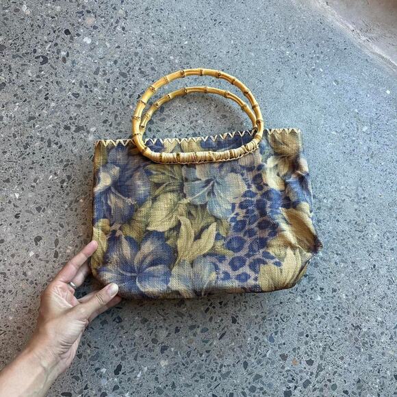 Scala Collection Women's Handbag Blue Cream Floral Bamboo Handle Vintage - Picture 1 of 3
